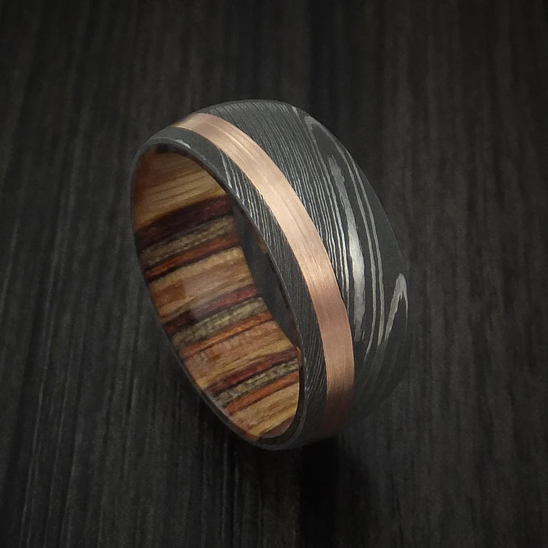 Custom Damascus Steel & 14K Rose Gold Men’s Ring with Hazelnut Wood Interior
