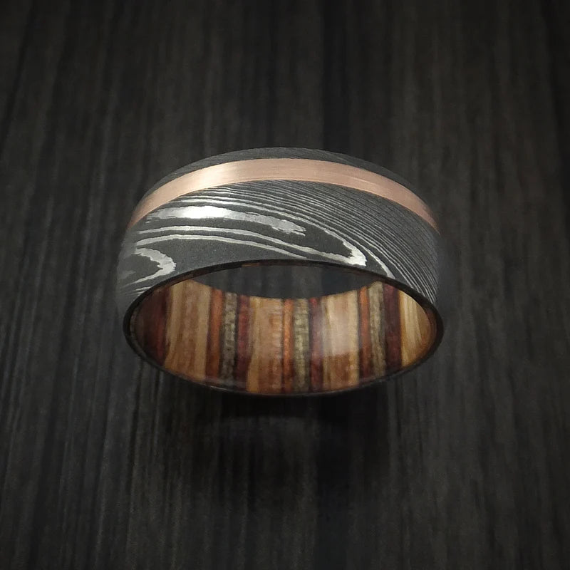 Custom Damascus Steel & 14K Rose Gold Men’s Ring with Hazelnut Wood Interior