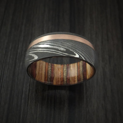 Custom Damascus Steel & 14K Rose Gold Men’s Ring with Hazelnut Wood Interior