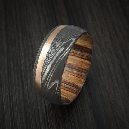 Custom Damascus Steel & 14K Rose Gold Men’s Ring with Hazelnut Wood Interior