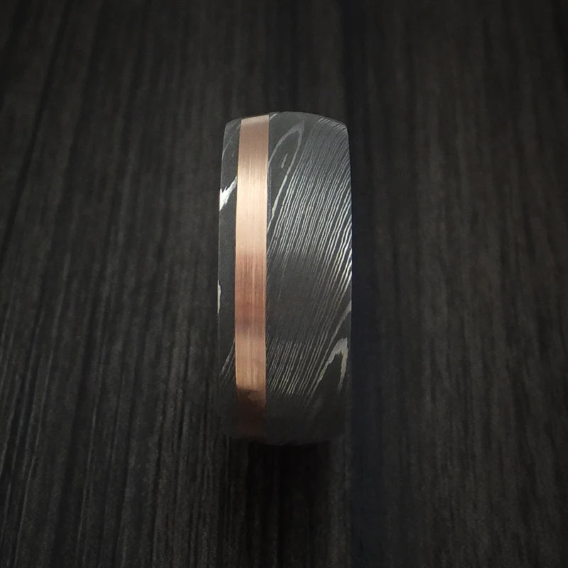 Custom Damascus Steel & 14K Rose Gold Men’s Ring with Hazelnut Wood Interior