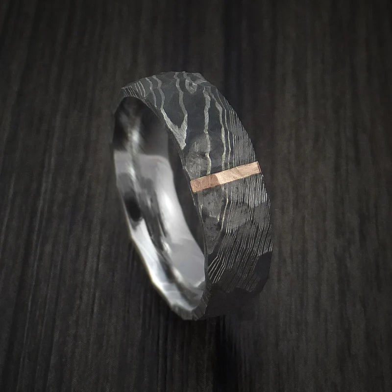 Custom Damascus Steel Men’s Ring with Rock Hammer Finish & Vertical 14K Rose Gold Inlay