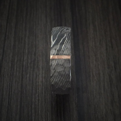 Custom Damascus Steel Men’s Ring with Rock Hammer Finish & Vertical 14K Rose Gold Inlay
