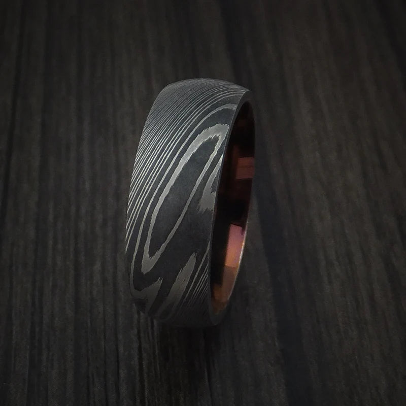 Men’s Damascus Steel Ring with Bronze Anodized Titanium Interior