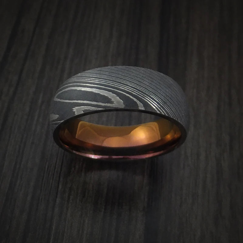 Men’s Damascus Steel Ring with Bronze Anodized Titanium Interior