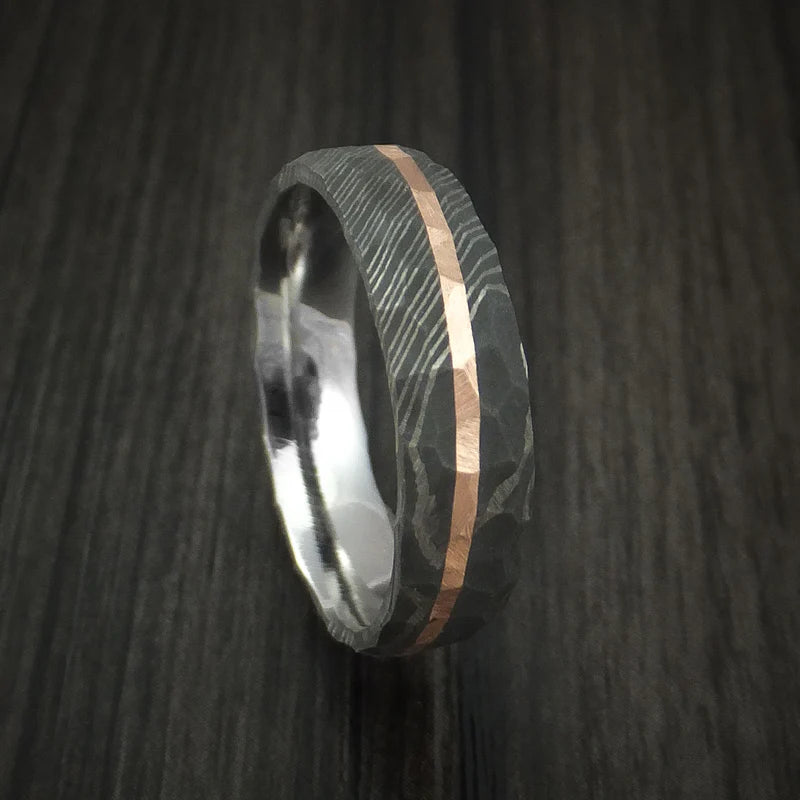 Rock Hammered Damascus Steel Men’s Ring with Angled 14k Rose Gold Inlay