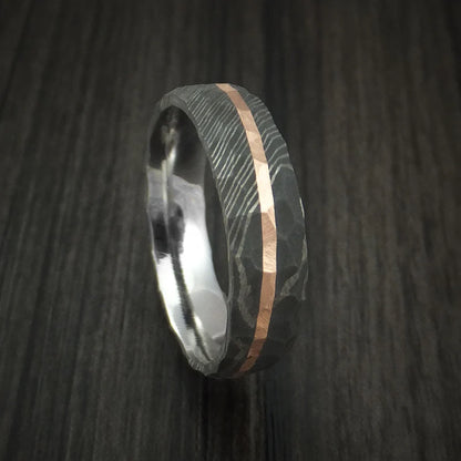 Rock Hammered Damascus Steel Men’s Ring with Angled 14k Rose Gold Inlay
