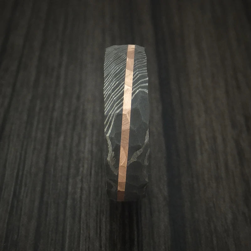 Rock Hammered Damascus Steel Men’s Ring with Angled 14k Rose Gold Inlay