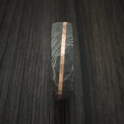 Rock Hammered Damascus Steel Men’s Ring with Angled 14k Rose Gold Inlay