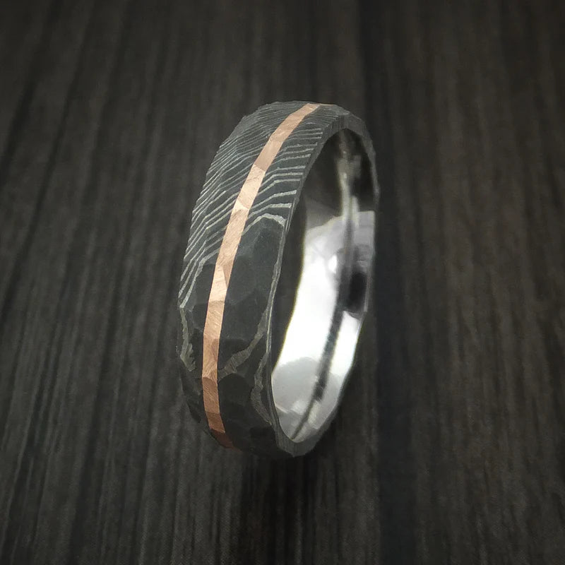 Rock Hammered Damascus Steel Men’s Ring with Angled 14k Rose Gold Inlay