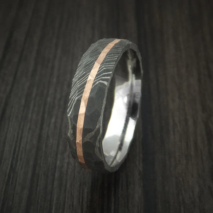 Rock Hammered Damascus Steel Men’s Ring with Angled 14k Rose Gold Inlay