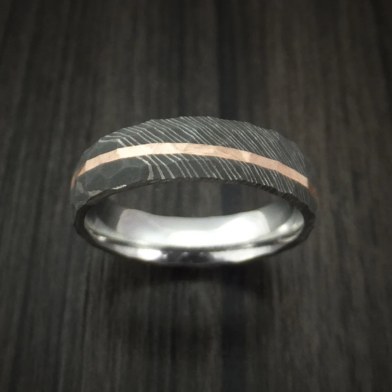 Rock Hammered Damascus Steel Men’s Ring with Angled 14k Rose Gold Inlay