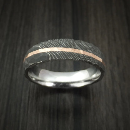 Rock Hammered Damascus Steel Men’s Ring with Angled 14k Rose Gold Inlay