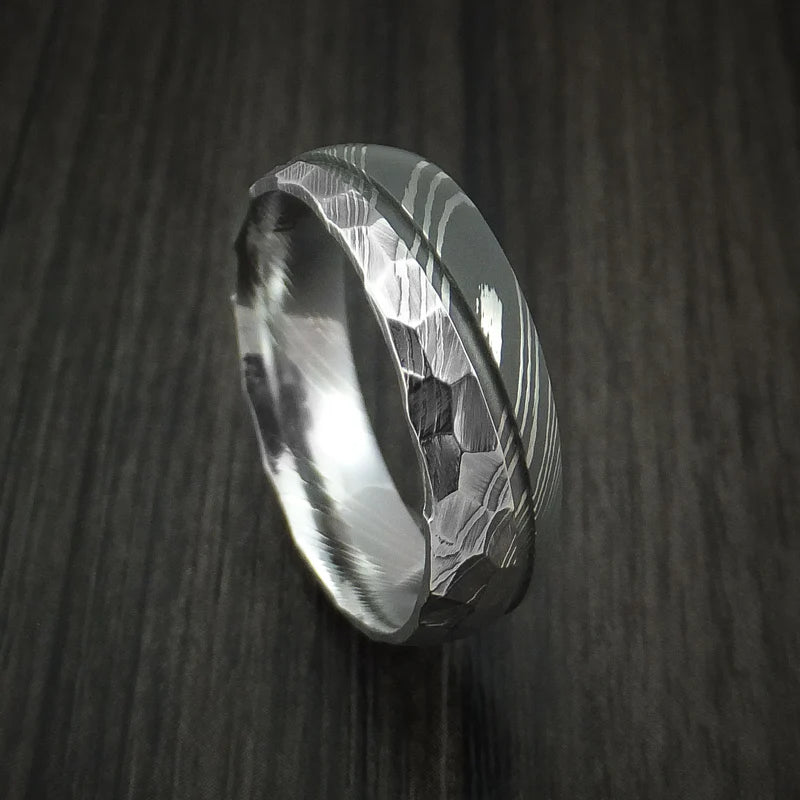 Men’s Two-Tone Damascus Steel Ring with Rock Hammer Finish
