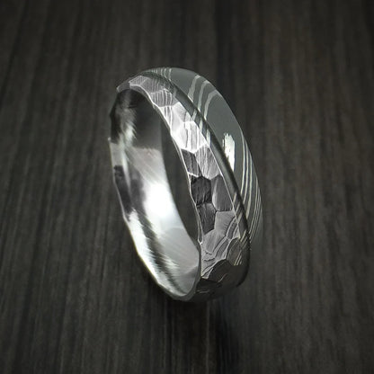 Men’s Two-Tone Damascus Steel Ring with Rock Hammer Finish