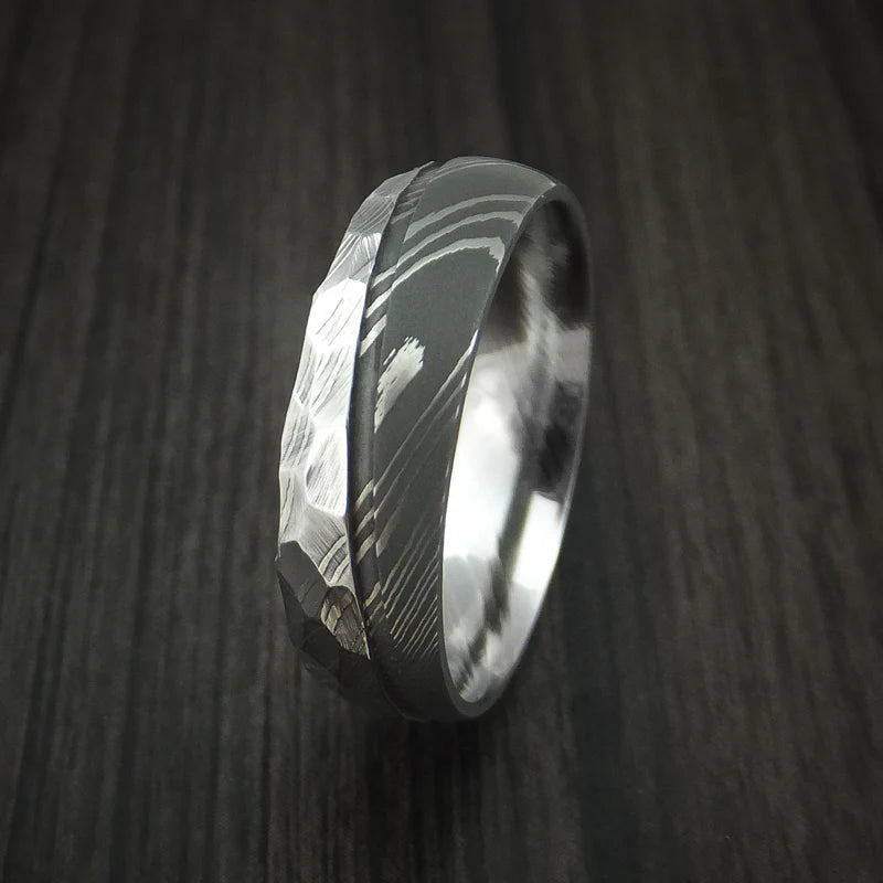 Men’s Two-Tone Damascus Steel Ring with Rock Hammer Finish