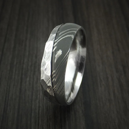 Men’s Two-Tone Damascus Steel Ring with Rock Hammer Finish