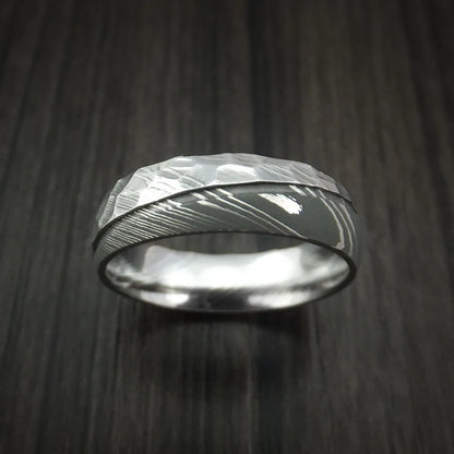 Men’s Two-Tone Damascus Steel Ring with Rock Hammer Finish