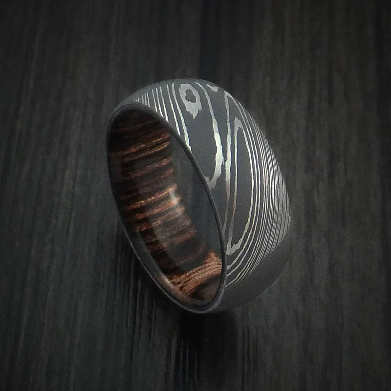 Custom Damascus Steel Men’s Ring with Ziricote Wood Interior