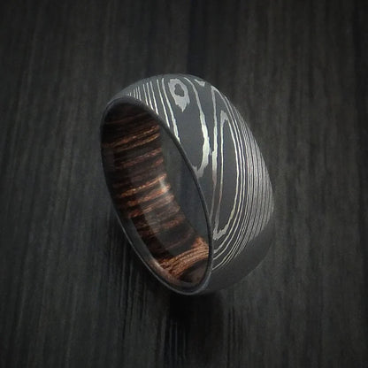 Custom Damascus Steel Men’s Ring with Ziricote Wood Interior