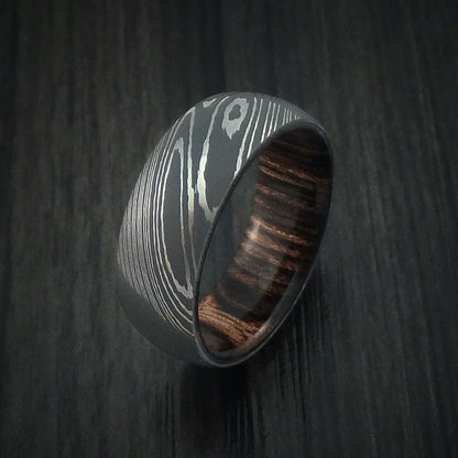Custom Damascus Steel Men’s Ring with Ziricote Wood Interior