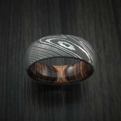 Custom Damascus Steel Men’s Ring with Ziricote Wood Interior