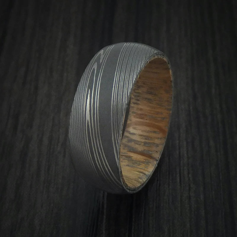 Men’s Damascus Steel Ring with Whiskey Barrel Wood Interior