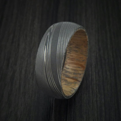 Men’s Damascus Steel Ring with Whiskey Barrel Wood Interior