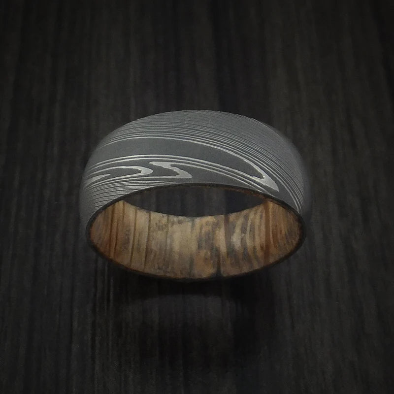 Men’s Damascus Steel Ring with Whiskey Barrel Wood Interior