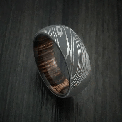 Custom Damascus Steel Men’s Ring with Ziricote Wood Interior