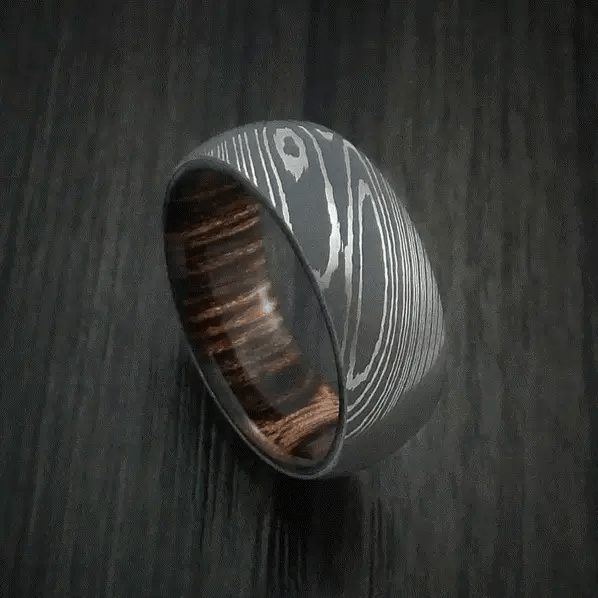 Custom Damascus Steel Men’s Ring with Ziricote Wood Interior