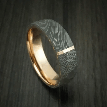 Damascus Steel Hammered Men’s Ring with 14K Rose Gold Inlay and Interior Sleeve