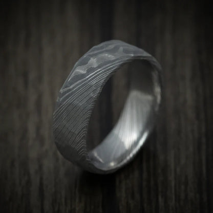 Custom Damascus Steel Men’s Ring with Hammered Rock Finish