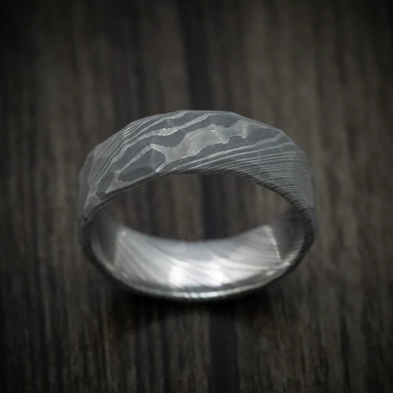 Custom Damascus Steel Men’s Ring with Hammered Rock Finish